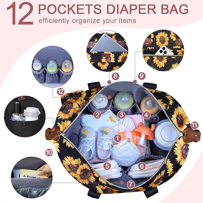 Diaper Bag Tote - Diaper Baby Bags with Pacifier Case, Shoulder Straps, Stroller Clips, Waterproof Large Mommy Bag Maternity Bag Travel Baby Bag for Mom and Dad, Sunflower