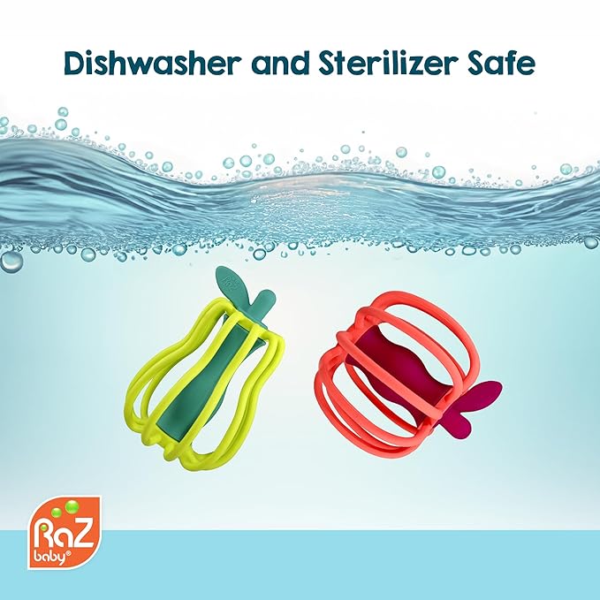 RaZbaby RaZ-Apple Silicone Teether & Rattle Toy – Soft, Flexible & Easy to Hold, Soothing Sounds for Entertainment, Textured for Teething Relief, Nipple-Shaped Stem for Comfort – BPA-Free, 3M+