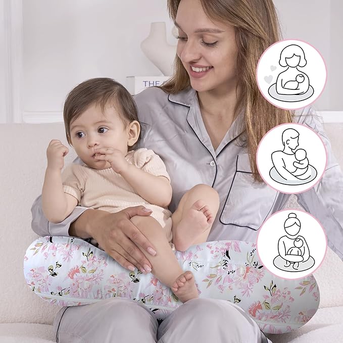 Little Grape Land Nursing Pillow, Upgraded Breast Feeding Pillow for Mom, Breastfeeding Bottle Feeding for 0–16 Months, Machine Washable Cover with Firm Breathable Filling for Tummy Time, Rose Floral