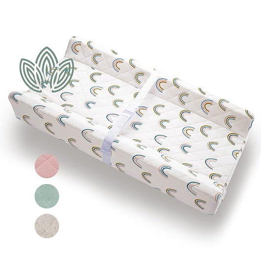 Organic Cotton Contoured Baby Changing Pad w/Waterproof Foam Mattress, Includes Soft, Removable & Washable Cover, Safety Strap, Non-Slip Bottom, Topper for Standard Size Infant Diaper Table & Dresser
