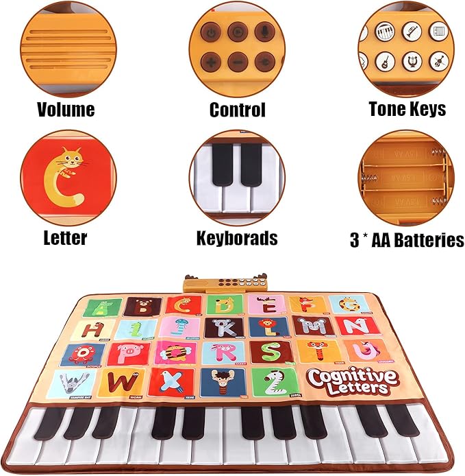 Bluejay Baby Piano Mat, Musical Keyboard Learning Toys with 26 Letters, Electronic Music Animal Touch Play Mat Toddler Toys Gifts for Boys and Girls 1 2 3 Year Old