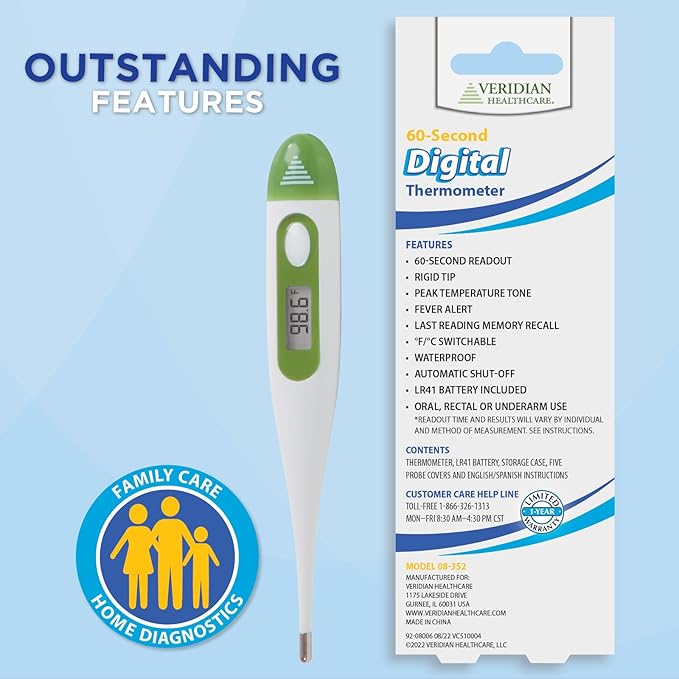 Veridian Digital Thermometer | 60-Second Readout | Fever Alert + Memory Recall| Clinical Rigid Tip | Hygienic Water-Resistant Easy Cleaning | Storage Case + Probe Covers Included