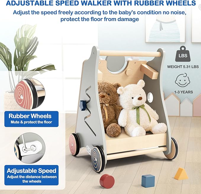 Detachable Baby Walker for Toddlers 1 Year Old Wooden Montessori Busy Board Adjustable Speed Push & Pull Walker Activity Learning to Walk Center Toy for Boys Girls 6-12 Months Baby Toys Birthday Gifts