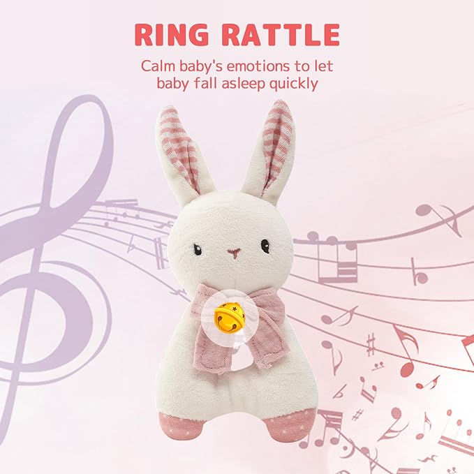 CUDDLE CORNER Organic Cotton Stuffed Animal Rattle Baby Toys, Plush Bunny Cuddle Cloth and Hand Grip Ring Rattles Plush Toy Set for Newborns Infant Boys Girls, 2 PCS