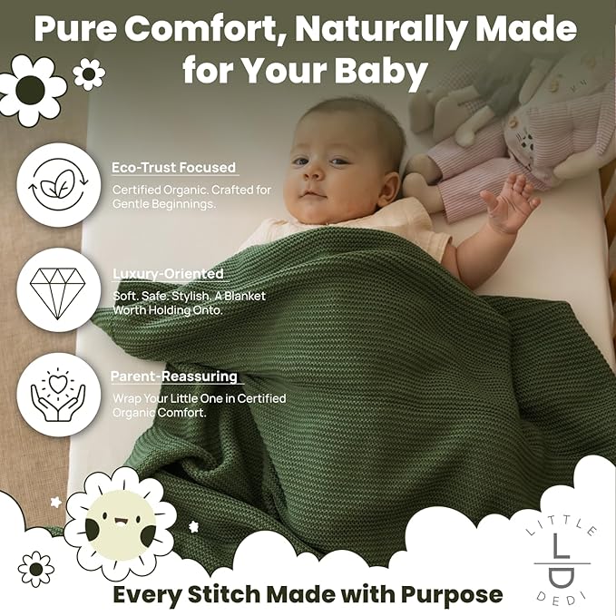 Little Dedi 100% Organic Cotton Baby Knitted Blanket with Gift Box - Soft Toddler, Crib, Stroller Blanket - Neutral Swaddle and Receiving Blanket for Newborns, 30"x40", Pepper Green