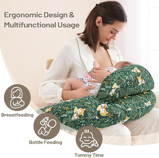 AMASKY Nursing Pillow for Breastfeeding, Animal Patterns Removable Cotton Cover, Support for Mom and Baby, Plus Size Ergonomic Design Breastfeeding Pillows, Machine Washable, Green, Pallet of Product
