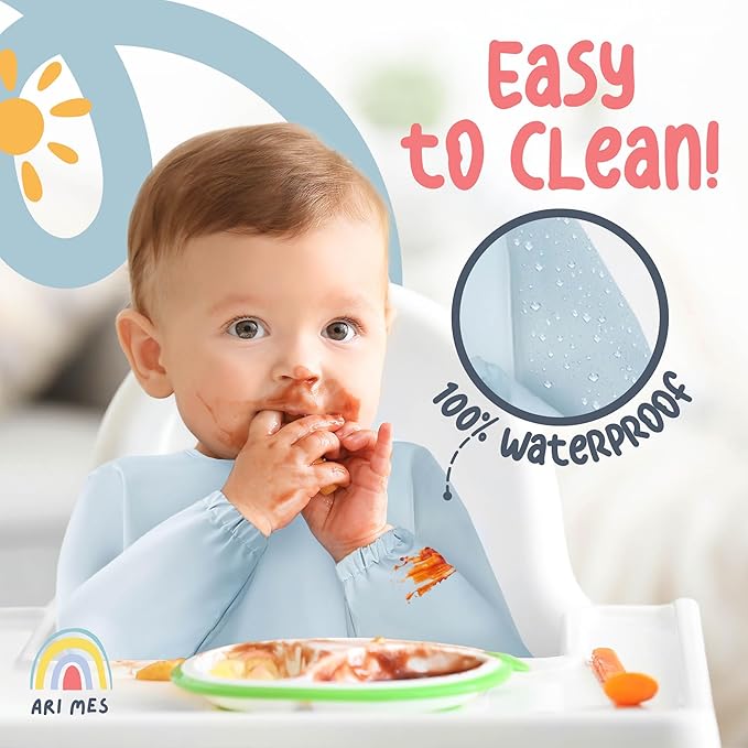 ARI MES Long Sleeves Waterproof Baby Bibs for Eating - Kitty Cats, Small - Wearable, Coverall for Toddler, Long Sleeve Bib, Smock Apron for Feeding - Applicable for 6-72 Months