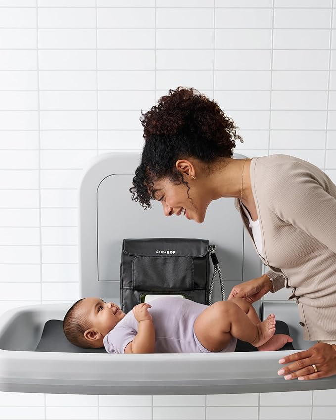 Skip Hop Travel Baby Changing Pad with Easy-Clean Surface, Covers Public Changing Stations, Wipes Pocket, Diaper Storage, Disposable Bag Dispenser and Magnetic Wipes Pocket, Clean Slate, Black