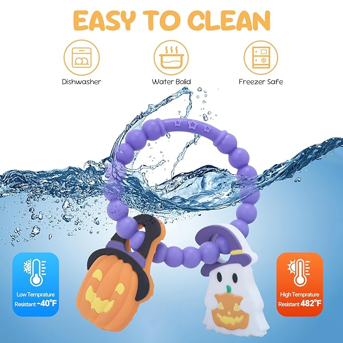 Halloween Baby Teething Toys, Pumpkin & Ghost Silicone Teether for 3-12 Months, Textured Sensory Chewing Ring for Infants & Toddlers, Boo Basket Stuffer, Gift for Baby’s First Halloween