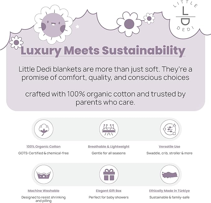 Little Dedi 100% Organic Cotton GOTS Certified Baby Knitted Blanket with Gift Box - Soft Toddler, Crib, Stroller Blanket - Neutral Swaddle and Receiving Blanket for Newborns, 30"x40", Lavender Frost