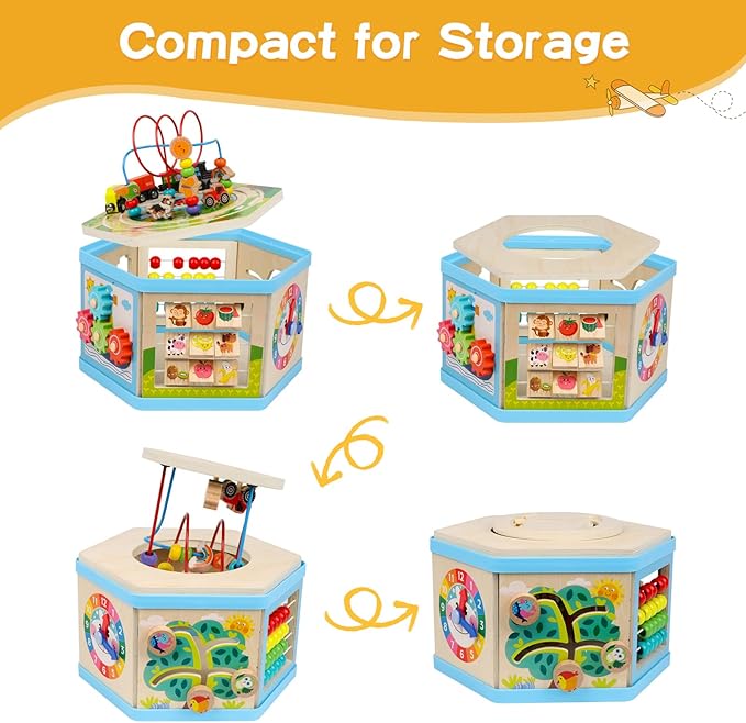 Wooden Activity Cube 9-in-1 Montessori Toys for 1+ Year Old Boys Girls Educational Learning Toys for Toddlers Age 1-2 One Year Old First Birthday Gift Bead Maze Magnetic Trains Track Shape Sorter