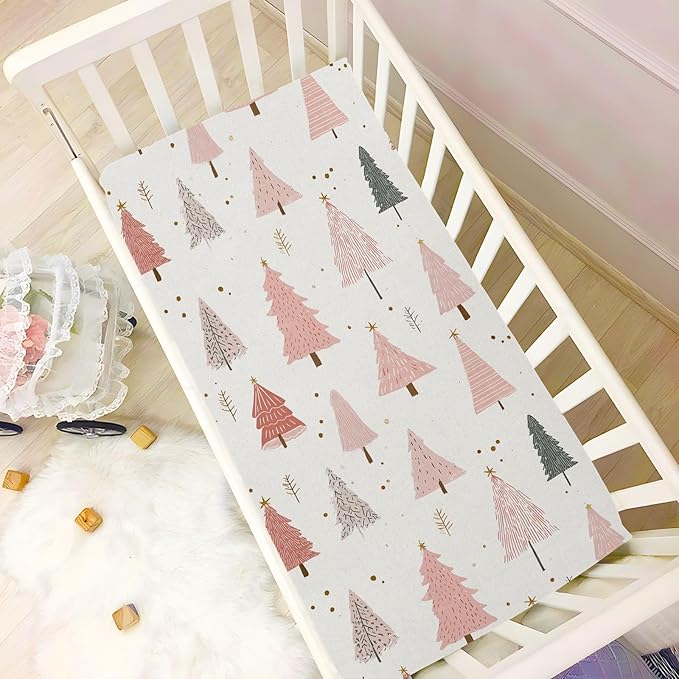 Pfrewn Christmas Crib Sheets for Boys Girls Pink Pastel Christmas Trees Star Gold Glitter Fitted Crib Sheet for Mini Crib Mattress Stretch Soft Winter Pattern Toddler Baby Playard Sheet,39x27IN