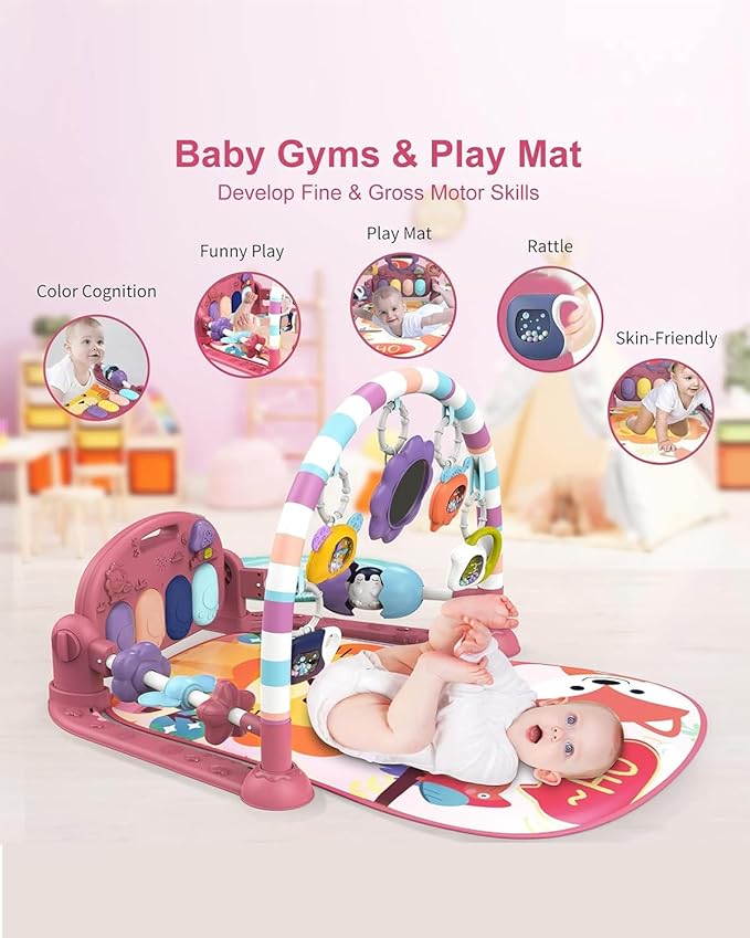 dearlomum Baby Play Mat Gym,Funny Play Piano Interactive Baby Activity Mat with 5 Infant Sensory Toys & 4 Wrist Rattle Socks, Boy & Girl Gifts for Newborn 0 to 3 6 9 12 Months(Pink)