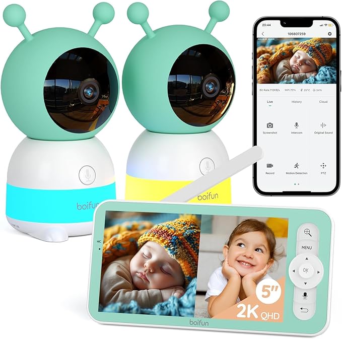 Boifun 2K Wifi Baby Monitor with 2 Cameras, Soothing Night Light, APP & 5" Split-screen Control, Motion/Cries/Noise/Customizable Alarm Zones Detect, Auto Tracking, PTZ, Humidity&Temperature Monitoring