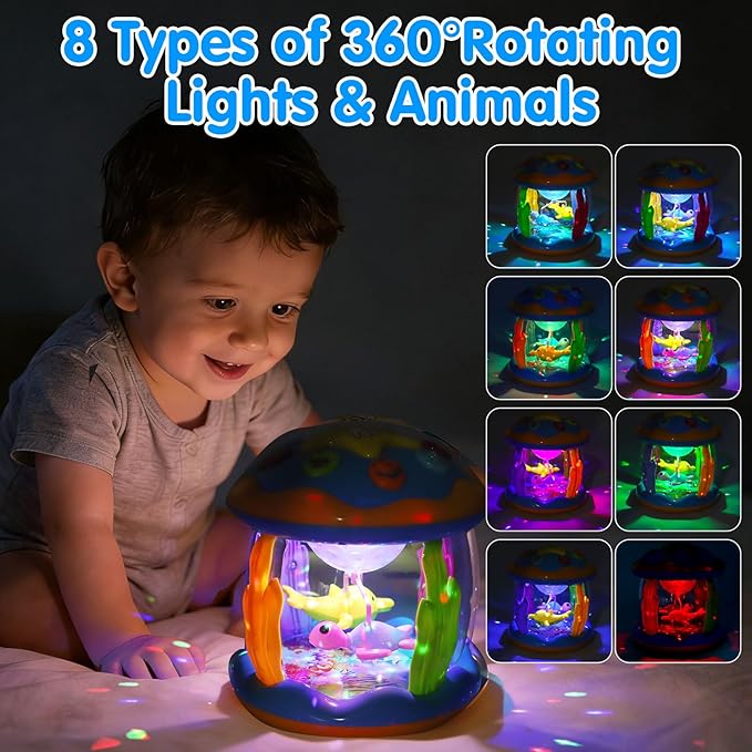 Baby Toys 0-6 Months Ocean Rotating Projector Musical Light Up Tummy Time Toys for Infants 0-3 4 5 6 7 8 9 Months Baby Aquarium Crawling Toys 6-12 Month Boys Girls 1 2 Year Old Birthday Newborn Gifts