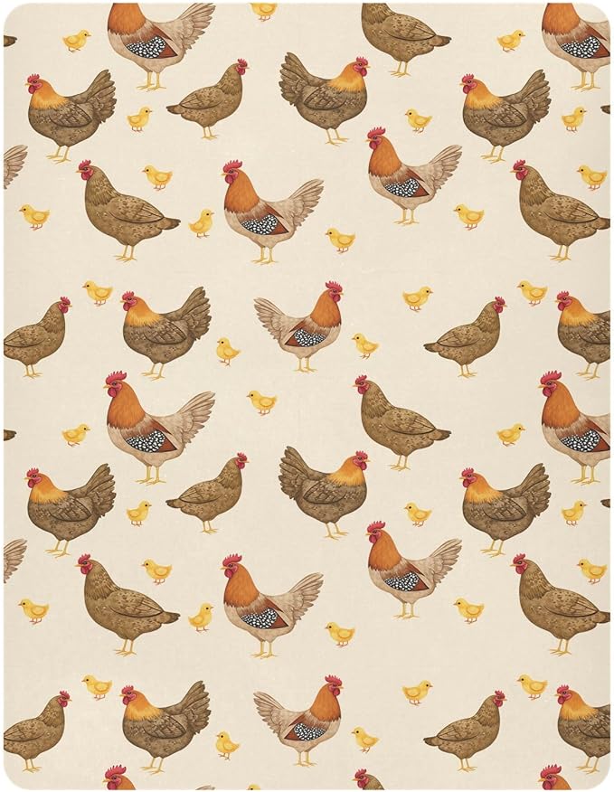 Pfrewn Crib Sheets for Boys Girls Hens Roosters Chickens Set Fitted Crib Sheet for Mini Crib Mattress Stretch Soft Toddler Baby Playard Sheet, 39x27x5IN
