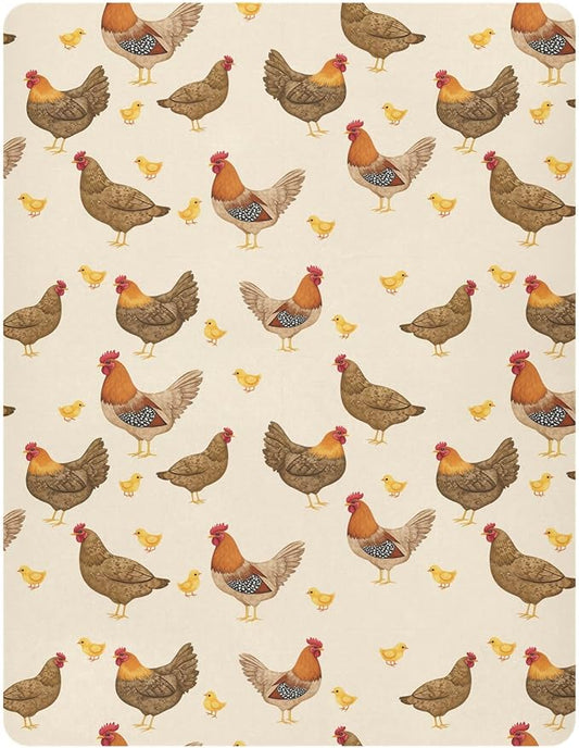 Pfrewn Crib Sheets for Boys Girls Hens Roosters Chickens Set Fitted Crib Sheet for Mini Crib Mattress Stretch Soft Toddler Baby Playard Sheet, 39x27x5IN