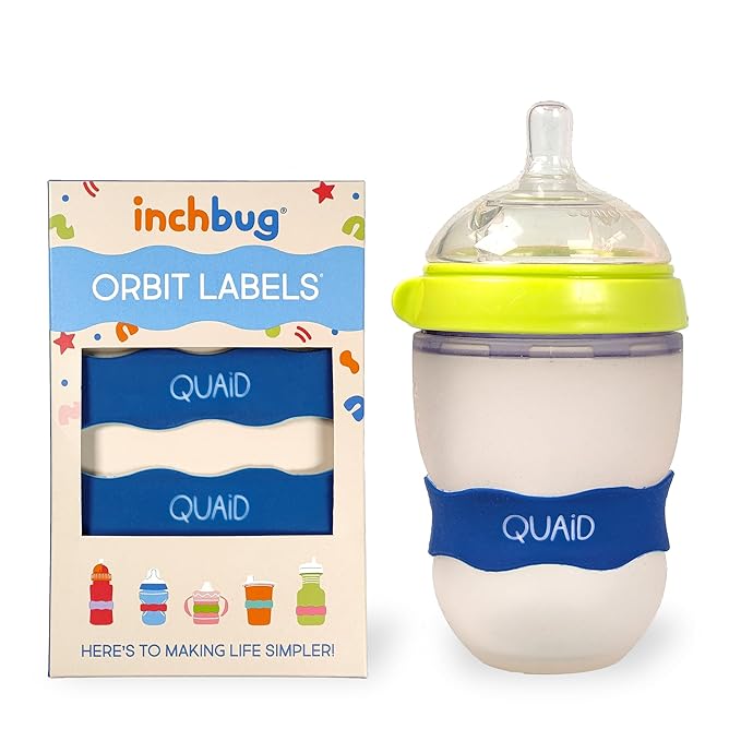 InchBug Orbit Labels Baby Bottle and Water Bottle Silicone Name Bands – Personalized Reusable Label Set for Daycare, Sippy Cups, Preschool, Elementary School, Dishwasher Safe, 4-Pack (Nautical Navy)