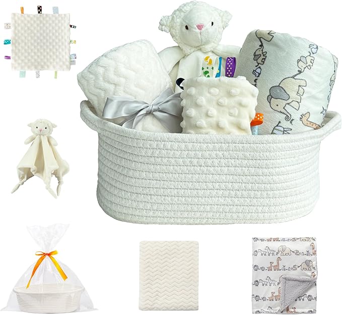 CREVENT Baby Welcome Gift Set Storage Basket with 2 Blankets+ 1 Security Blanket + 1 Taggie + 1 Gift Bag with Ribbon (Ivory)