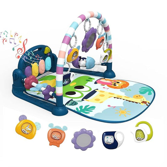 dearlomum Baby Play Mat Gym, Funny Play Piano Tummy Time Activity Mat with 5 Infant Sensory Toys, Music and Lights, Boy & Girl Gifts for Newborns 0 to 3 6 9 12 Months（New Blue）