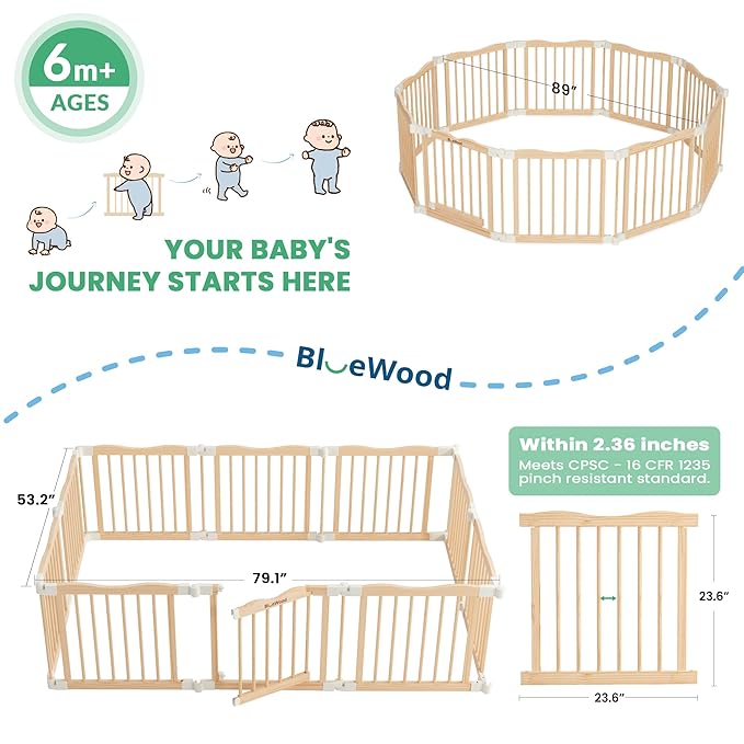 Foldable Wooden Playpen - Adjustable Wood Baby Play Yard with Door, Indoor Large Safety Fence for Babies and Toddlers - Easy Assembly, 10 Panels, Nature Nest