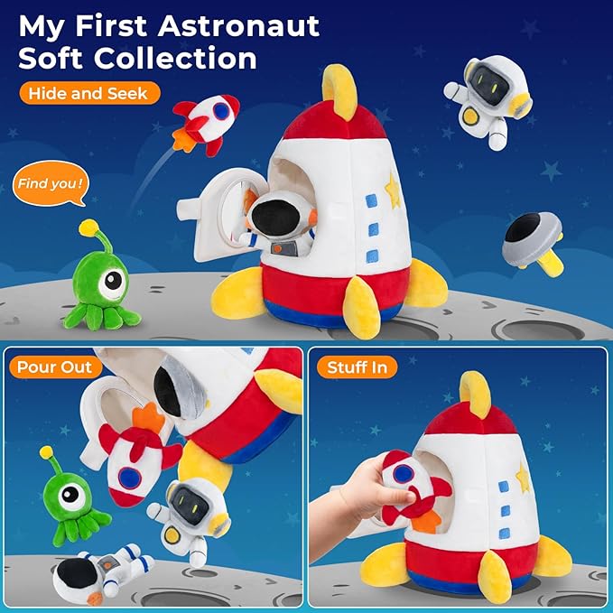 IPOZITO Baby Toys 6-12 Months,Soft Rocket with 5 Sensory Plush Toy, Rattle, Crinkle Paper, Squeaker, Mirror, Busy Montessori Toys for 6 Month Old Christmas Baby Stocking Stuffers