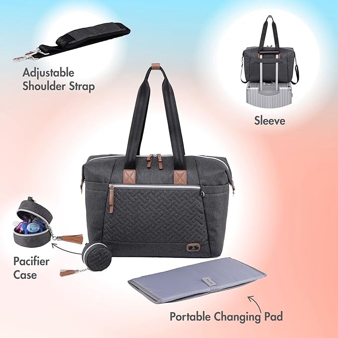 Dikaslon Diaper Bag Tote with Pacifier Case and Changing Pad, Large Travel Diaper Tote for Mom and Dad, Multifunction Baby Bag for Boys and Girls, Dark Grey