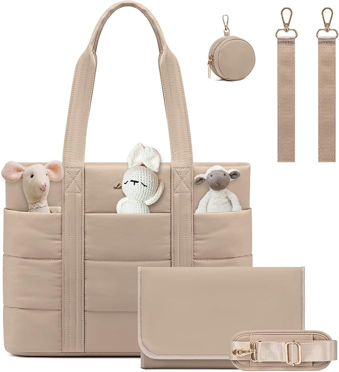 LOVEVOOK Diaper Bag Tote, 15.6inch Puffer Baby Diaper Bag Waterproof Travel Diaper Tote with Changing Pad Pacifier Case