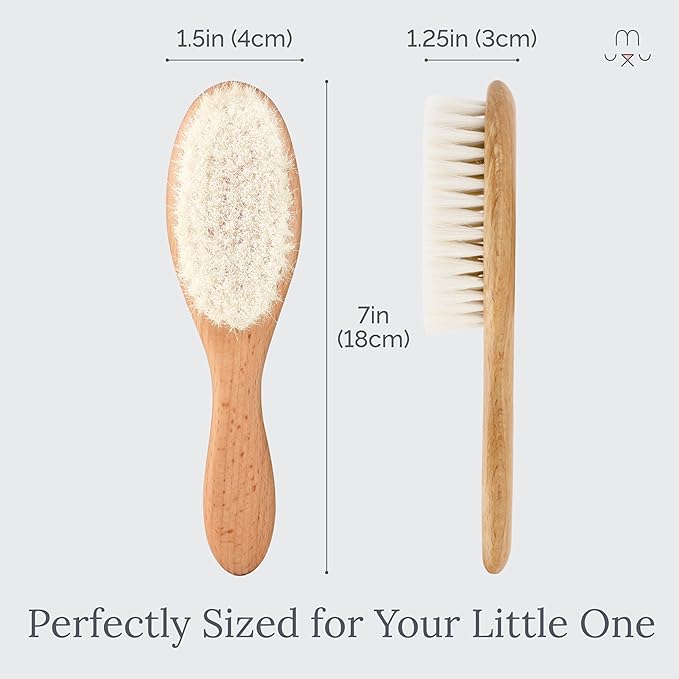 Natemia Wooden Baby Hair Brush - Natural Goat Hair Bristles - Gentle Soft Bristles for Scalp Massage - Cradle Cap Comb for Flake Removal - For Baby Grooming Kit & Toddler Hair Brush