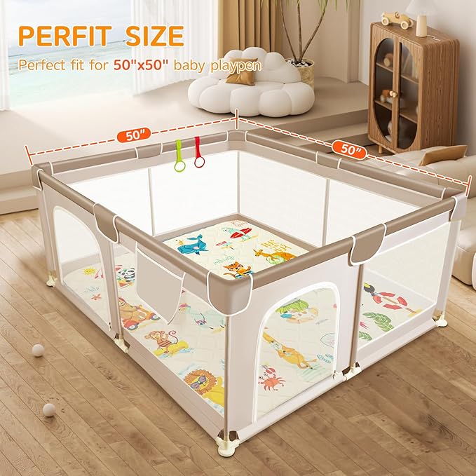 TreeBud Baby Play Mat - Thicken 50x50 Inch Soft Foam Crawling Mat for Playpen & Floor, Non-Slip Waterproof Playmats for Infants & Toddlers, Portable Foldable & Machine Washable, Beach Animals