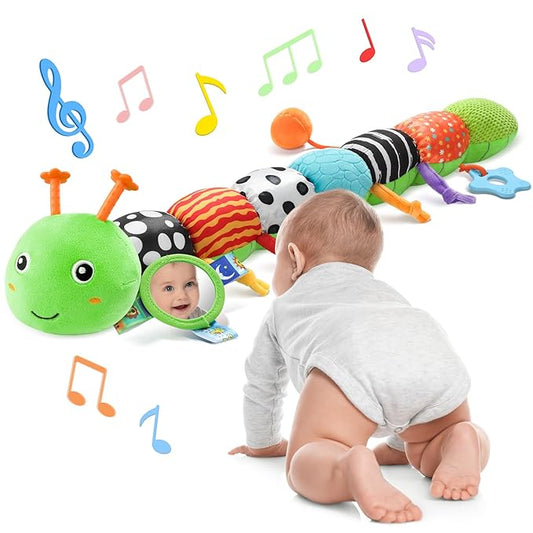 AWOTOY Baby Toys 6-12 Months Music Caterpillar Infant Toys Stuffed Animals 0-3-6 Months Tummy Time Teething Sensory Toys with Mirror Rattle&Pull String for Boys Girls Birthday Gifts|Green,Knot Limb