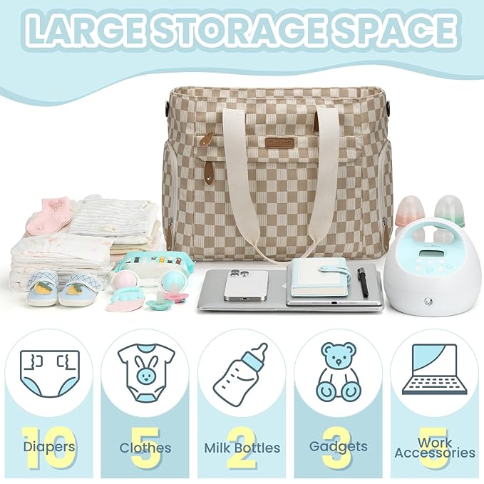 Large Travel Diaper Bag Tote with 14 Inch Laptop Sleeve, Breast Pump Bag for Mom and Dad, Mommy Maternity Travel Baby Bag for Boys and Girls, Plaid