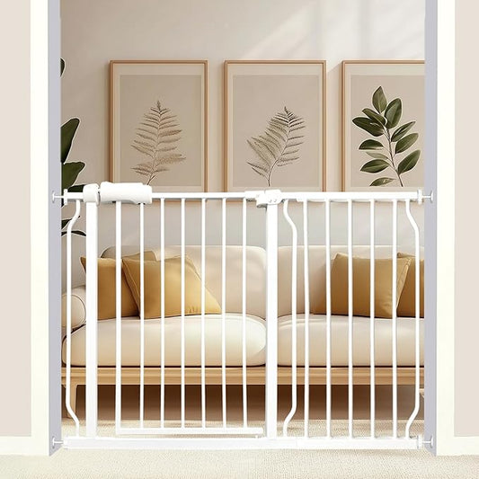 43.5-48 Inch Extra Wide Baby & Dog Gate, Pressure Mounted No Drill, Indoor Safety Gate for Pets & Toddlers, White Metal with Extension Kit