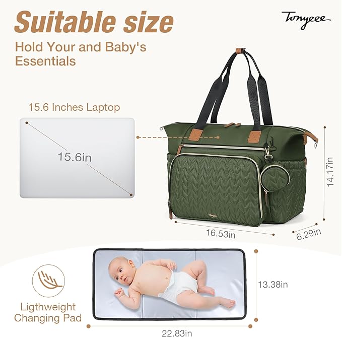 Diaper Bag Tote, Large Baby Diaper Bags Waterproof, Hospital Bag for Labor Delivery with Pacifier Case, Changing Pad, Shoulder Strap, Dark Green