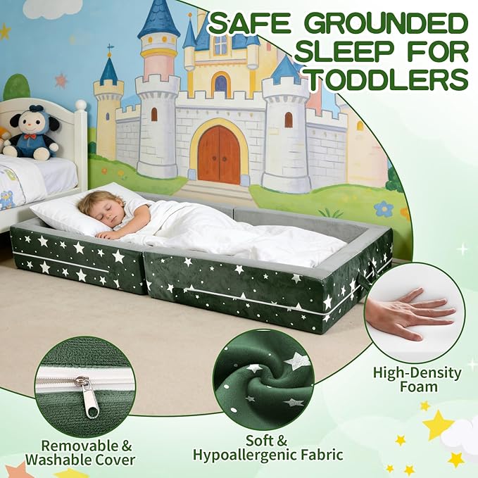 laapee Portable Toddler Travel Bed – Foldable Floor Bed for Toddlers 3-6 with 3.54" Soft Foam, 2-in-1 Travel Crib & Storage Box, Washable Cover, Grey | Easy Care