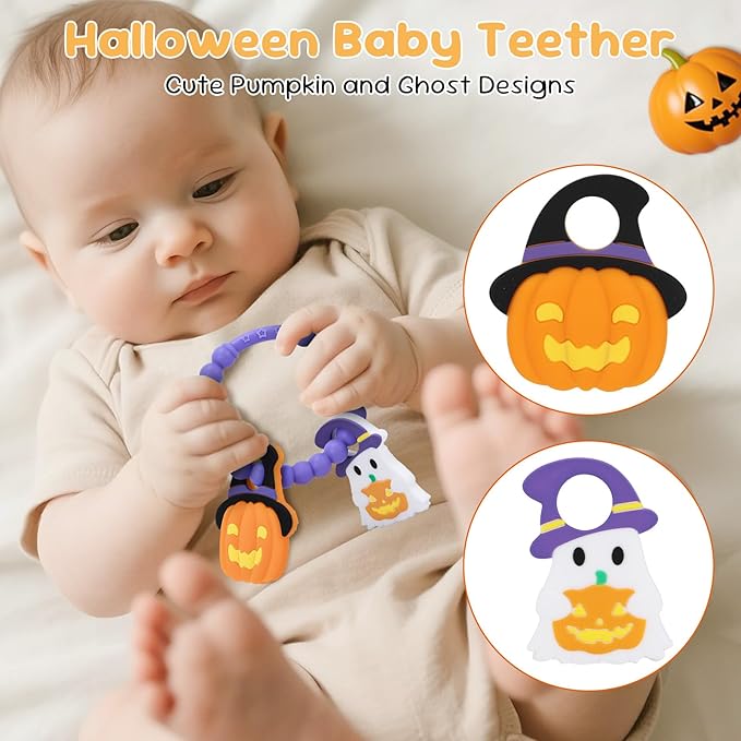 Halloween Baby Teething Toys, Pumpkin & Ghost Silicone Teether for 3-12 Months, Textured Sensory Chewing Ring for Infants & Toddlers, Boo Basket Stuffer, Gift for Baby’s First Halloween