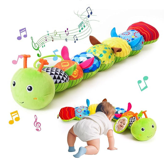 Baby Toys 0-6 Months, Musical Caterpillar Baby Rattle, Plush Sensory Toy with Mirror, Crinkle Textures, Newborn Developmental Tummy Time Stuffed Animal for Infants Boys Girls 6-12 Month (Green)