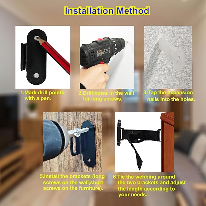 Anti Tip Furniture Anchors (2 Sets),Heavy Duty Furniture Wall Anchor,Adjustable Earthquake Straps,Furniture Anchors for Baby Proofing.