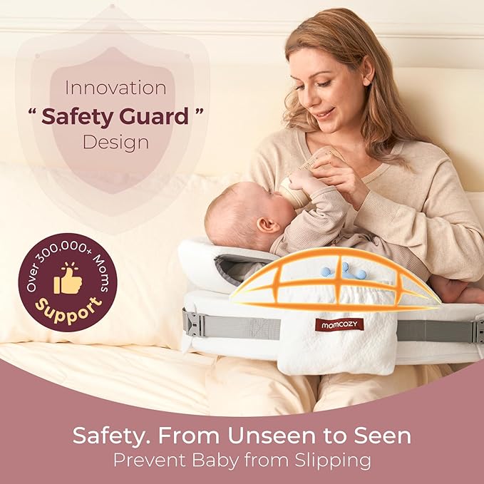 Momcozy CozyPro Nursing Pillow - All Around Lumbar & Arm Support - Safety Guard, Firm & Springy Memory Foam-Stable, Ergonomic Support, Easier Breastfeeding, Wider Cushion, Adjustable, Removable Cover