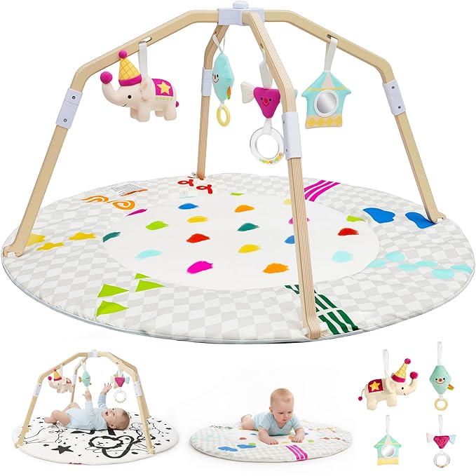 Bella's Friends Circus-Themed Baby Play Gym, 2-Sided High-Contrast Tummy Time Mat with 4 Detachable Sensory Toys, Foldable Wooden Frame Playmat for Stage-Based Development, Baby Essentials Shower Gift