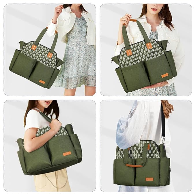 Lekebaby Diaper Bag Tote for Baby - 17 Pockets Large Travel Diaper Tote with Portable Changing Pad, Mom Crossbody Hospital Bag for Labor Delivery, Waterproof, Baby Essentials for Newborn Gifts, Green