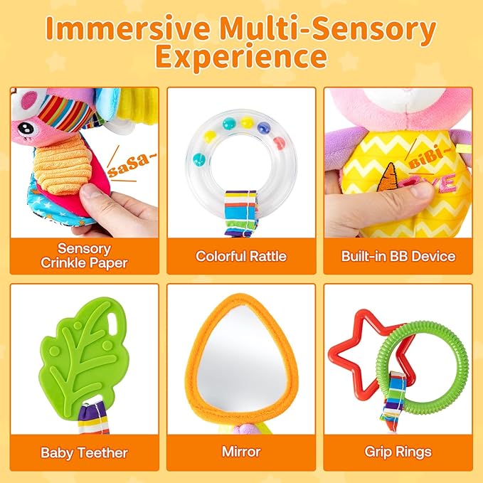 Baby Stroller Toy and Car Seat Toy for Infant with Teether Hanging Rattle Toys Clip on Stroller Toy Soft Plush Baby Toys for Boys and Girls 3-12 Months