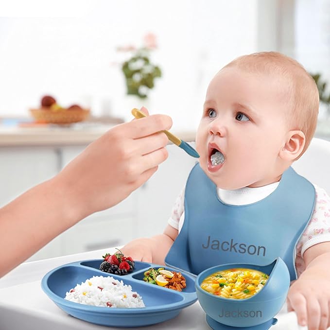 Personalized Silicone Baby Feeding Set with Name, Customized Baby Led Weaning Supplies Self Feeding Eating Utensils with Spoon, Fork, Silicone Suction Bowls, Cup, Plate Smoky Gray