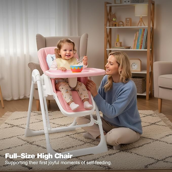 High Chairs for Babies and Toddlers Foldable High Chair Adjustable with Reclining Seat & Leg Rest, 3-in-1 Convertible Baby Swings with Tool-Free Assembly (Pink)