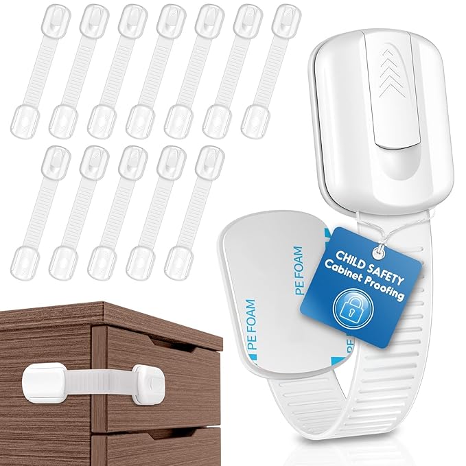Cabinet Locks Baby Proofing, 12 Pack Child Proof Cabinet Locks with Strong Adhesive Child Safety Locks for Doors, Drawer Locks Baby Proofing No Drilling, Cabinet Locks for Babies- White