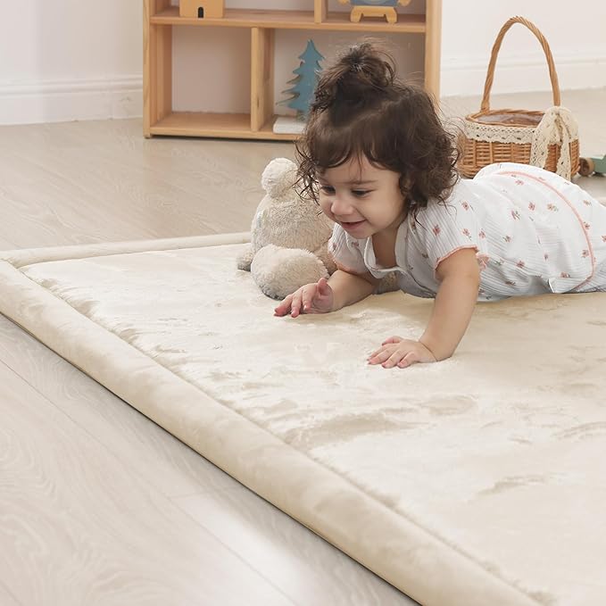 1.5" Thick Baby Play Mat for Floor Tummy Time, Large Pro Soft Foam Activity Playmats Playroom, Easy Care with Non-Slip Safe for Infant Toddler Kids Crawling79 x 118" (Beige)