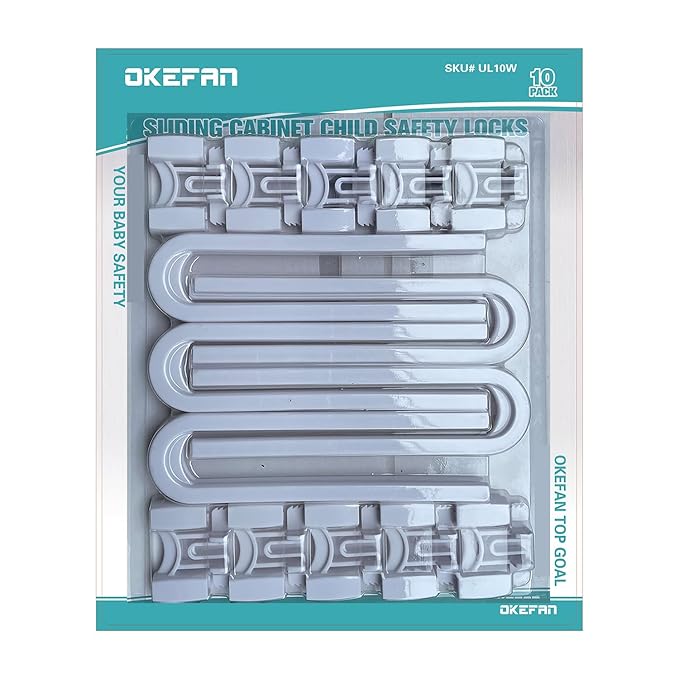 Sliding Cabinet Child Safety Locks - OKEFAN Baby Proofing Cabinet Lock Cupboard Latches for Kids on Closet Door Knobs Handles Pulls No Drill (10, White)