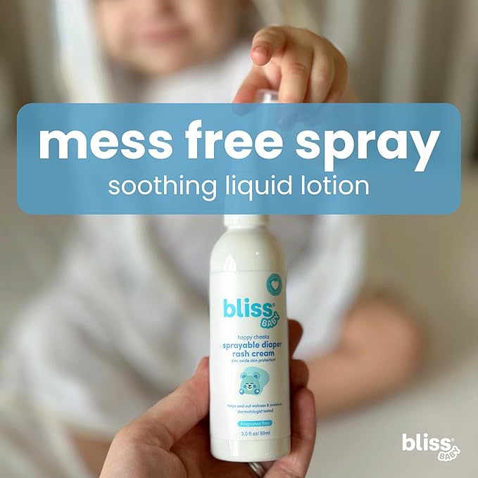 Bliss Baby Diaper Rash Cream Spray - Fragrance-Free, No Touch & Mess-Free, Treats, Soothes & Prevents Diaper Rash, Zinc Oxide, Dermatologist Tested, Vegan, Organic Aloe Vera, Shea Butter & Olive Oil
