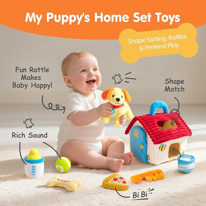 hahaland Baby Montessori Toys for 1 + Year Old – Puppy Plush Sensory Toy Set with Rattle, Crinkle, Mirror & Shape Sorter – Interactive Learning Pretend Play for Toddlers 1-3
