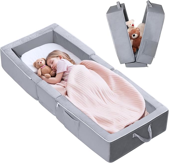 REAWUL Portable Folding Toddler Travel Bed,Kids Floor Bed, Washable Cot for Toddlers and Child,Grey